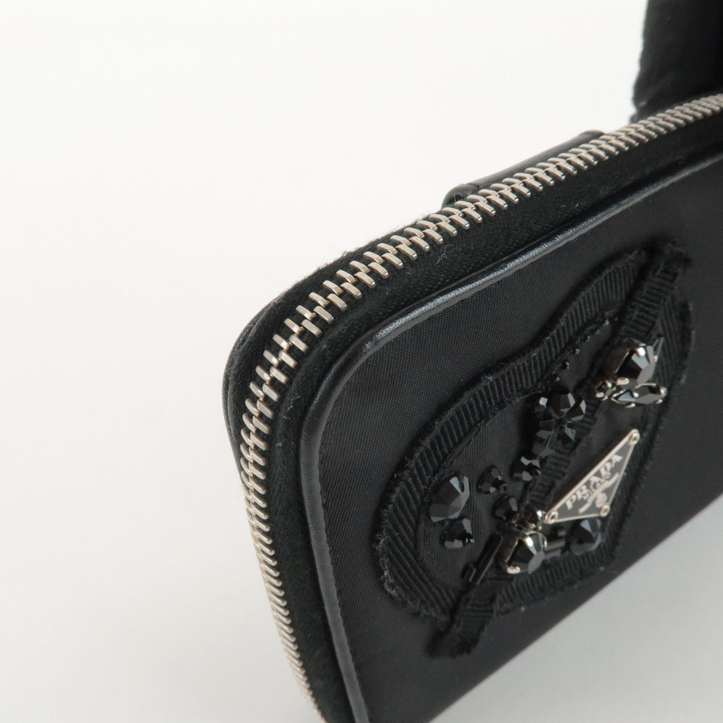 PRADA Logo Leather Round Zip Wallet Bijou Black  d