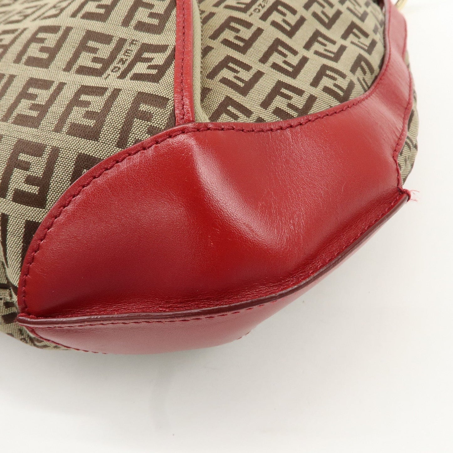 FENDI Zucchino Canvas Leather Shoulder Bag Khaki Brown Red 8BR465  d