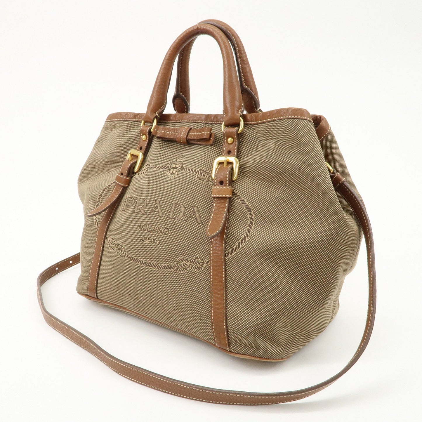PRADA  Leather Logo Jacquard Tote Bag Ribbon Beige Brown BN1841  d