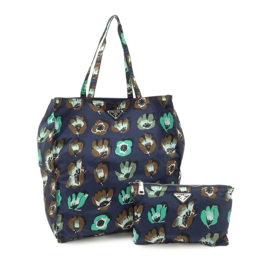PRADA Triangle Logo Nylon Tote Bag w/Pouch Flower Print Navy B4626B  d