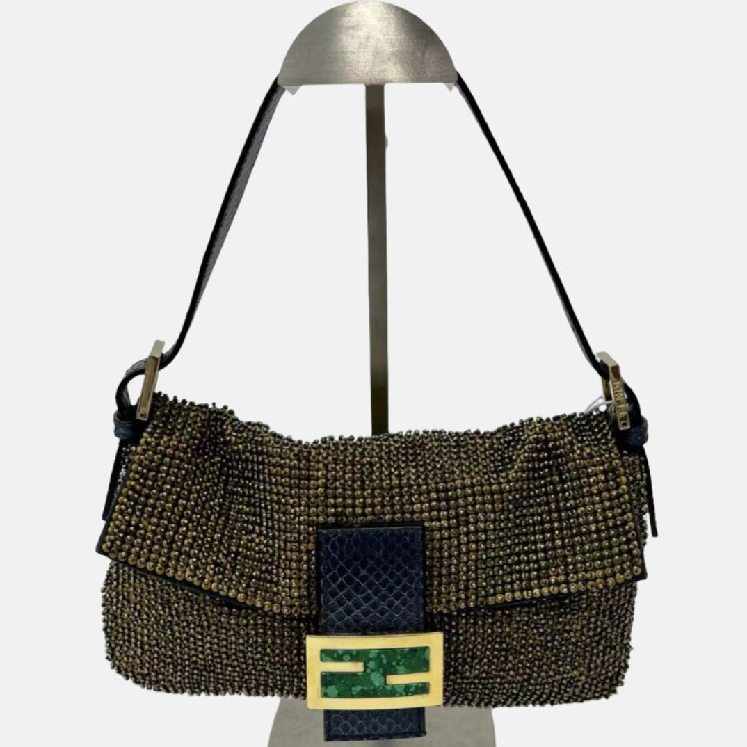 Fendi Baguette Rare   Gold Metallic Beaded Snake-skin Trimmed Shoulder Bag