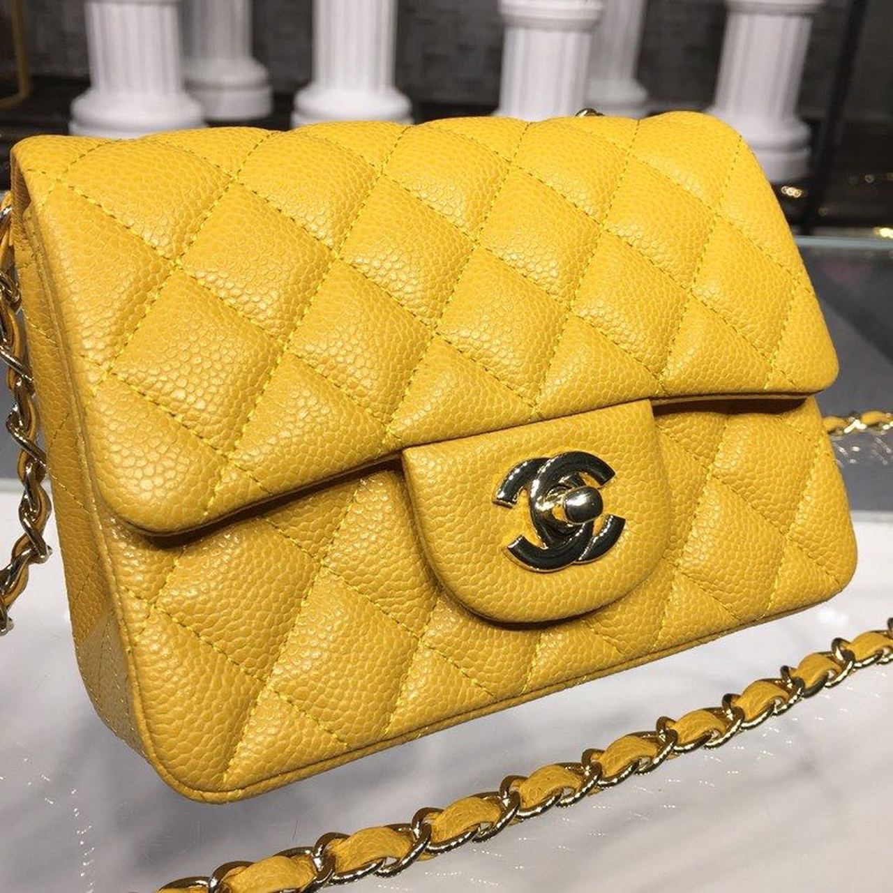 CHLMini Flap Bag Caviar Yellow For Women, Women’s Bags, Shoulder And Crossbody Bags 6.7in/17cm A35200