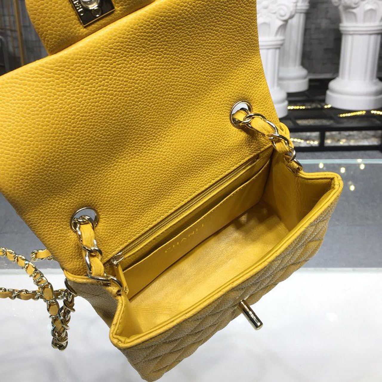CHLMini Flap Bag Caviar Yellow For Women, Women’s Bags, Shoulder And Crossbody Bags 6.7in/17cm A35200