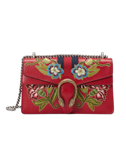 Gucci - Dionysus embroidered leather shoulder bag - women - metal/Leather - One Size - Red