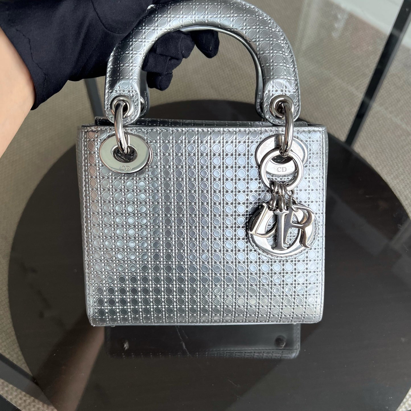 Dior Lady Mini - Metallic Calfskin Micro Cannage Silver Hardware Chain strap