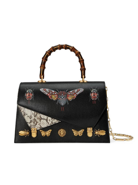 Gucci - Ottilia leather top handle bag - women - Leather/metal/Silk/Bamboo - One Size - Black