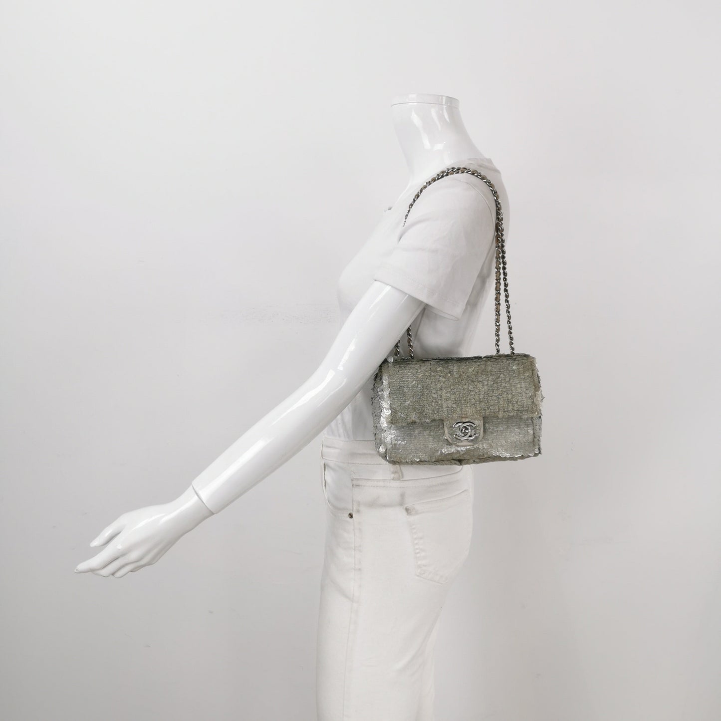 Chanel Paillette Flap Bag Rectangular Mini Glitter Sequins Silver