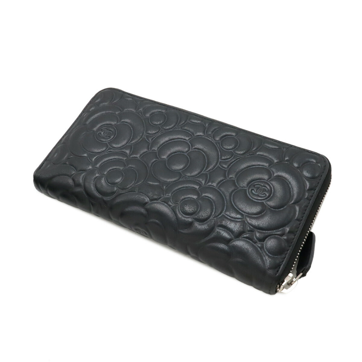 Chanel Leather Camellia Embossed Zip Wallet Long Wallet A70620