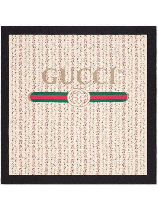 Gucci - Gucci logo rose print silk scarf - women - Silk - One Size - NEUTRALS