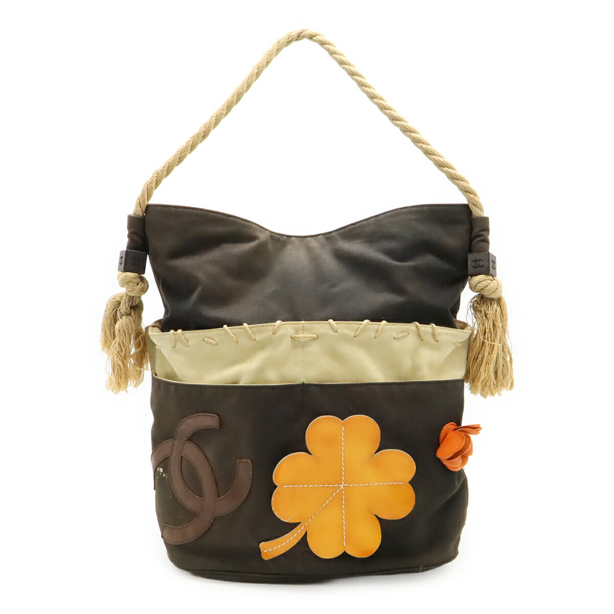 Chanel Fishnet Rope Camellia Canvas Leather Wood Tote Bag