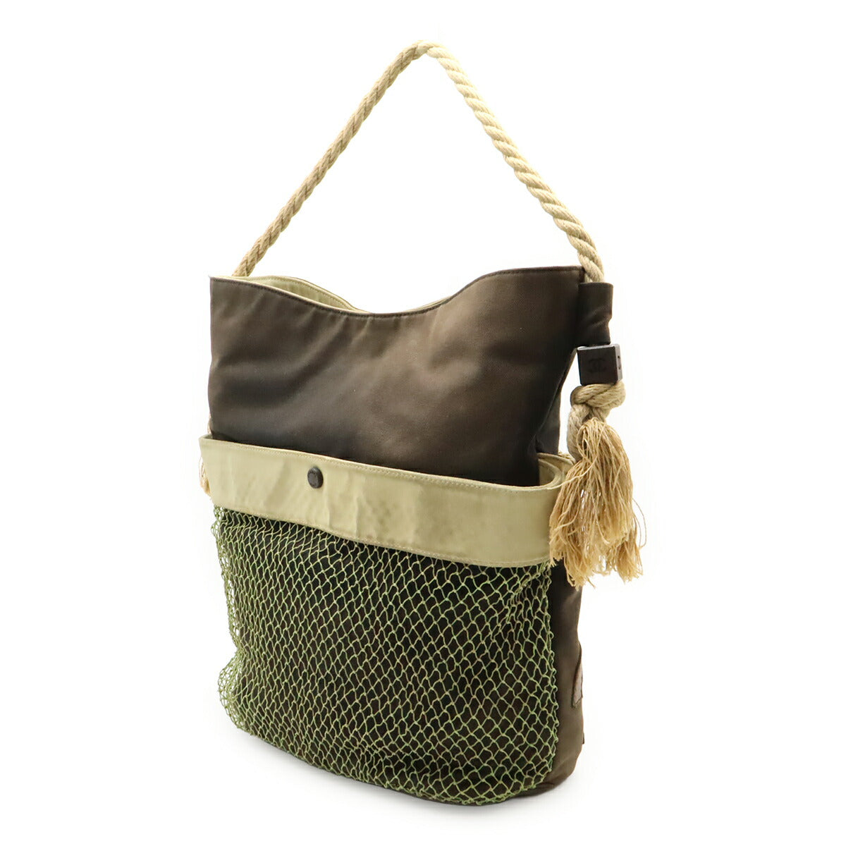 Chanel Fishnet Rope Camellia Canvas Leather Wood Tote Bag