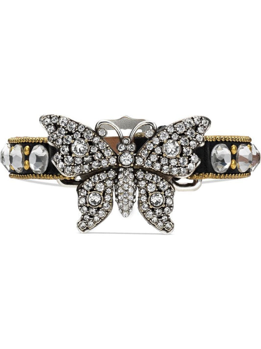 Gucci - Crystal studded butterfly bracelet - women - Crystal/Leather/metal - One Size - Black