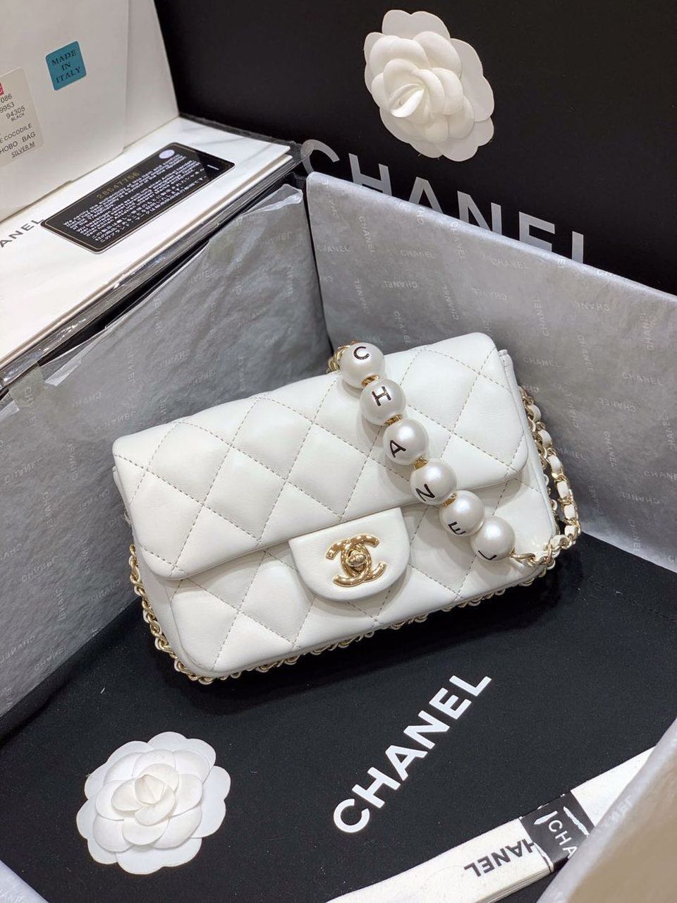 CHLSmall Pearl Logo Strap Top Qualityap Bag White For Women Handbags, Shoulder And Crossbody Bags 7in/18cm AS1436