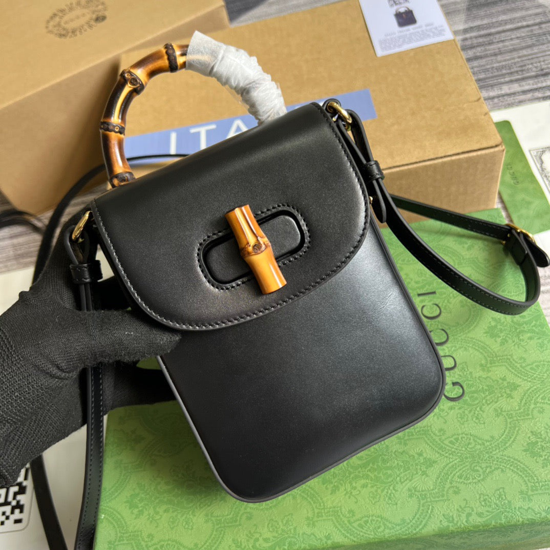 gg Bamboo Mini Handbag Black For Women, Women’s Bags 6in/16cm gg 702106 UZY0T 1000