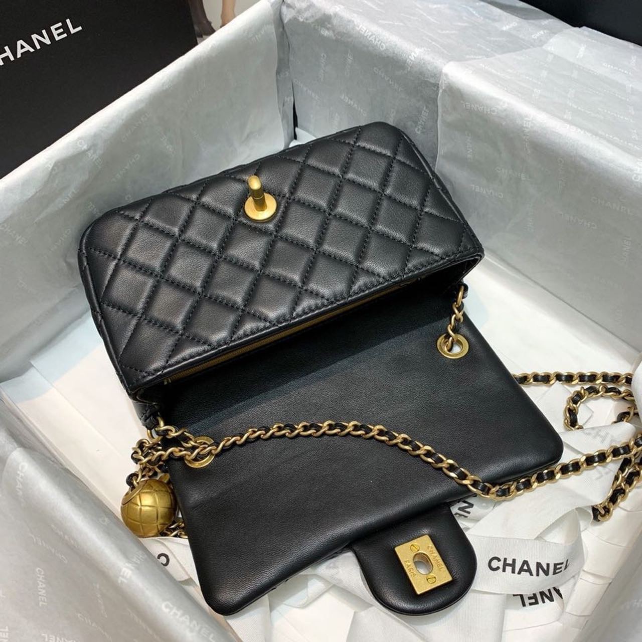 CHLFlap Bag With CHLBall On Strap Black For Women, Women’s Handbags, Shoulder And Crossbody Bags 7.8in/20cm AS1787