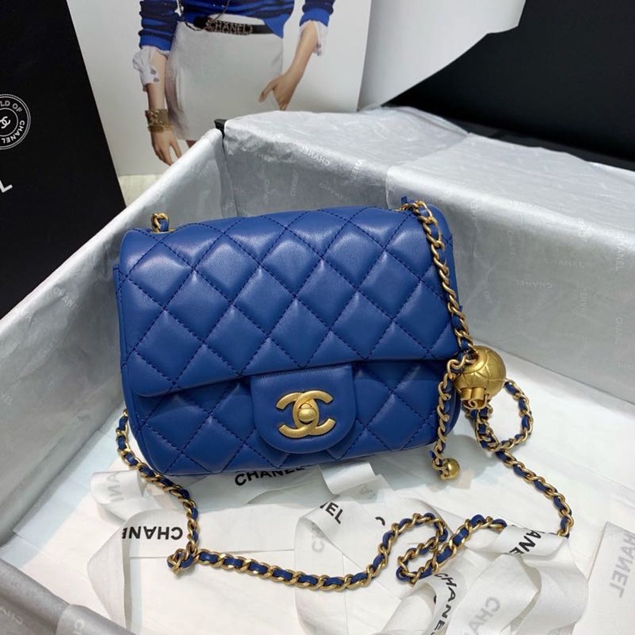 CHLMini Flap Bag With CHLBall On Strap Blue For Women, Women’s Handbags, Shoulder And Crossbody Bags 6.7in/17cm AS1786