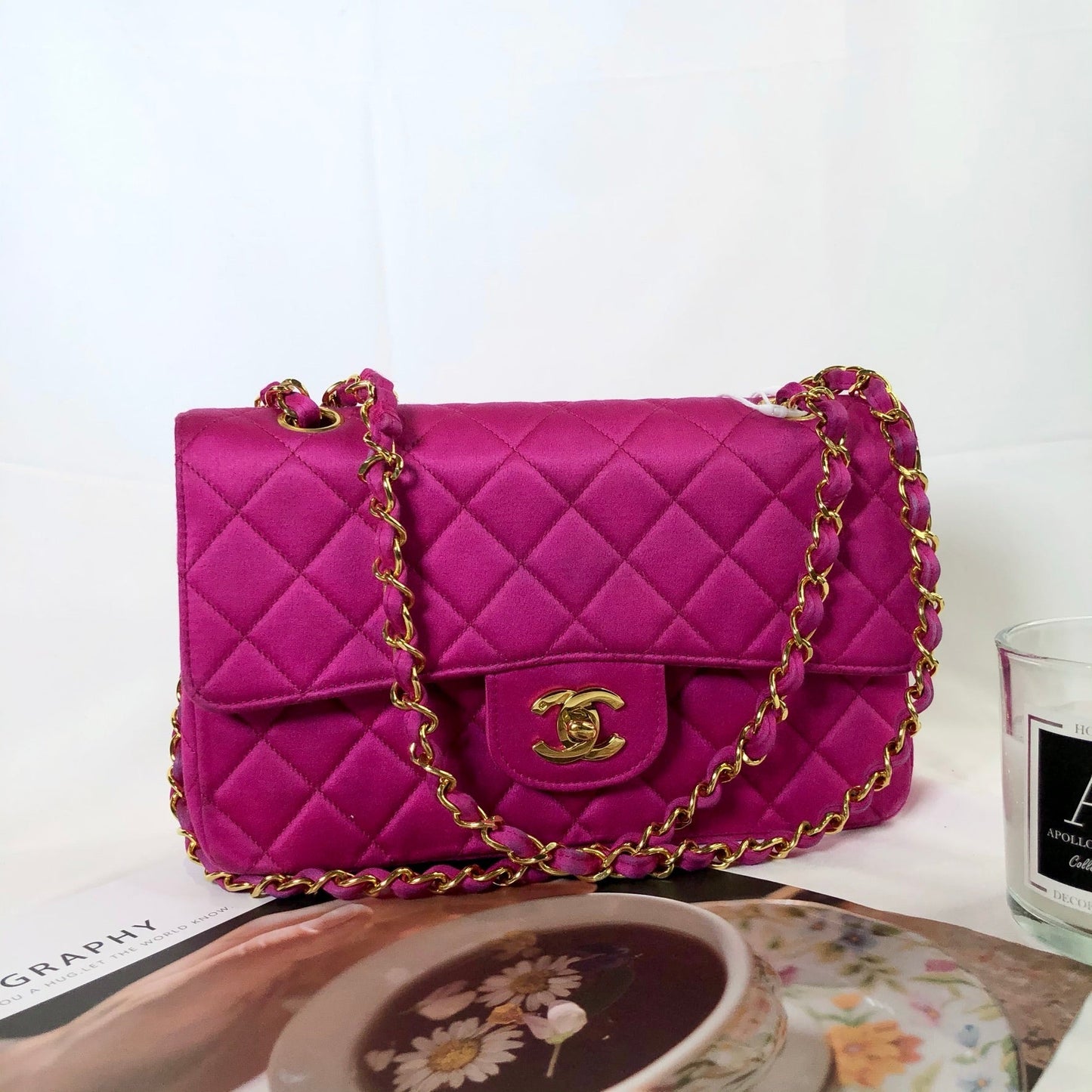 Chanel Classic Flap Medium   Pink Fuchsia Silk Satin with 24k Gold Plated Hardware