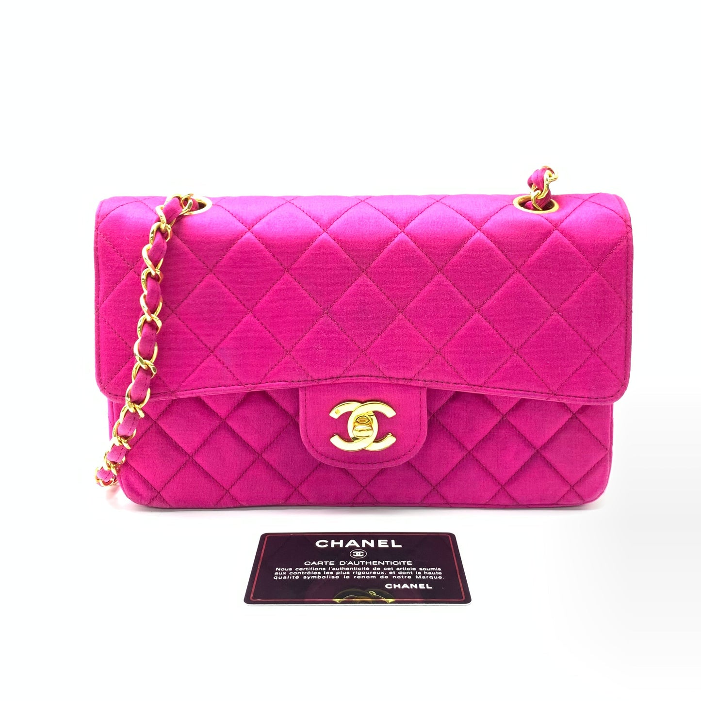Chanel Classic Flap Medium   Pink Fuchsia Silk Satin with 24k Gold Plated Hardware