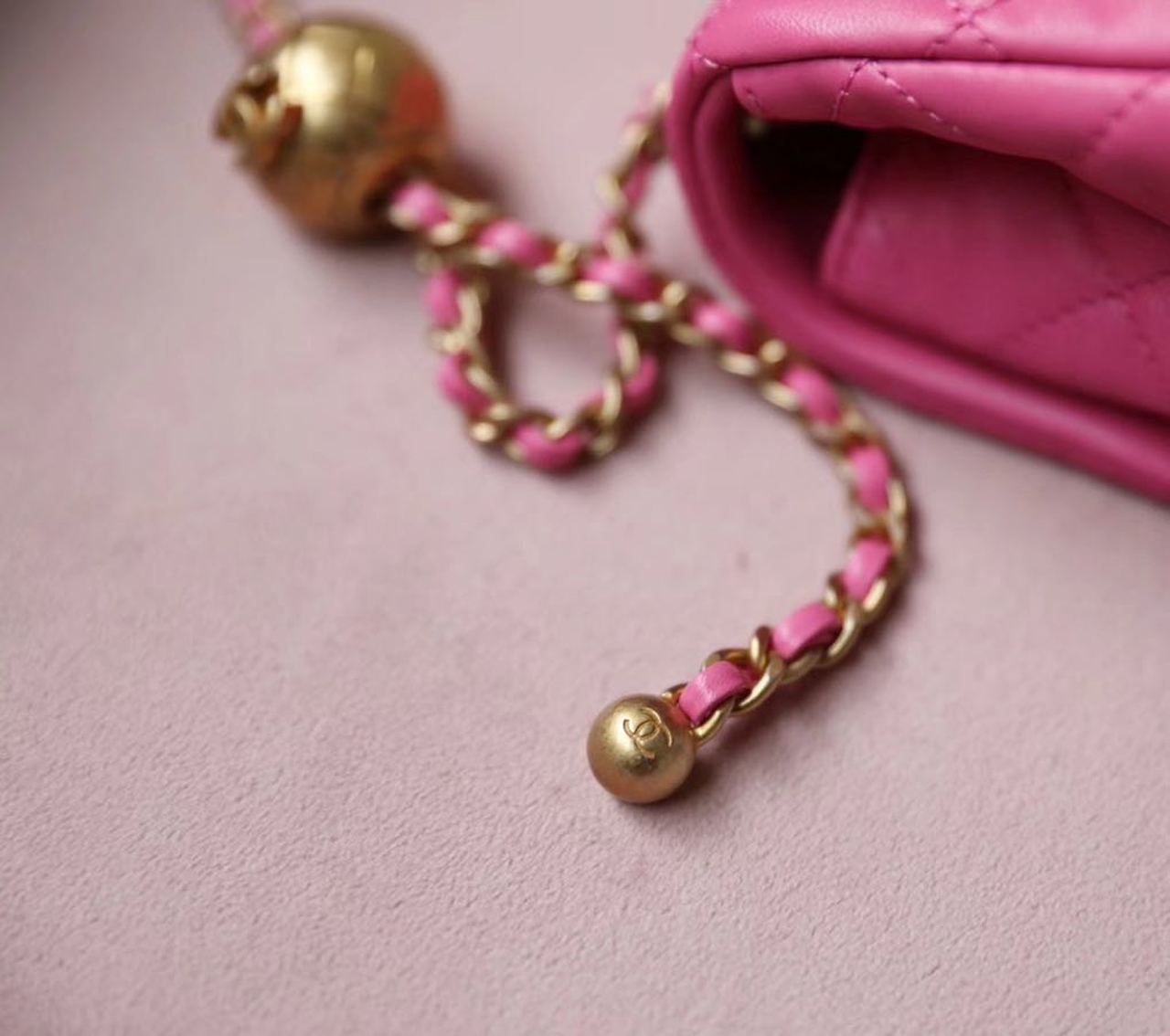CHL Classic Top Qualityap With Charm Chain With CHL Ball On Strap Bag 20cm Gold Toned Hardware Lambskin Leather Spring/Summer Collection, Pink