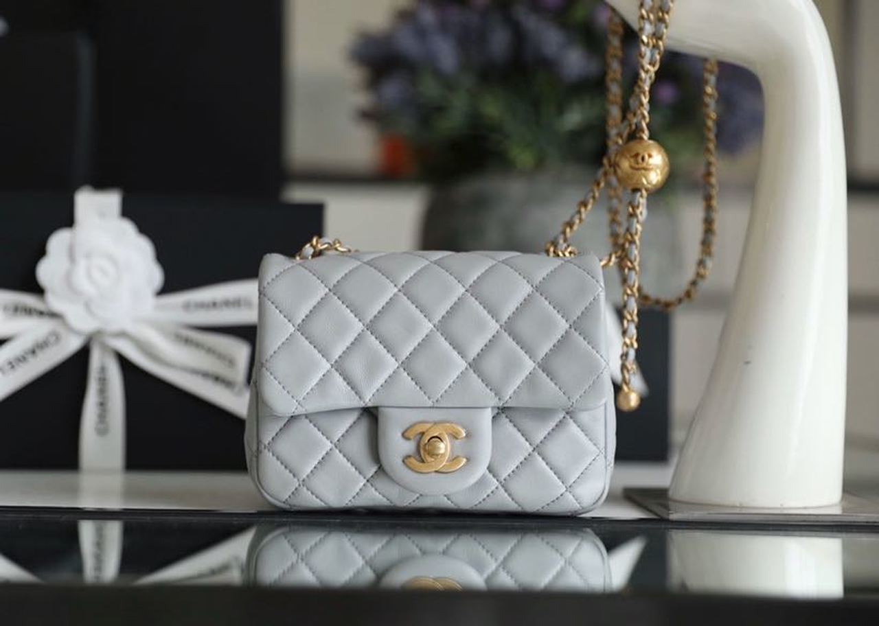 CHLMini Flap Bag With CHLBall On Strap Grey For Women, Women’s Handbags, Shoulder And Crossbody Bags 6.7in/17cm AS1786