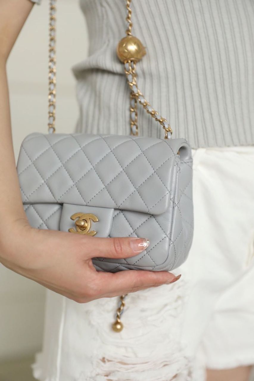 CHLMini Flap Bag With CHLBall On Strap Grey For Women, Women’s Handbags, Shoulder And Crossbody Bags 6.7in/17cm AS1786