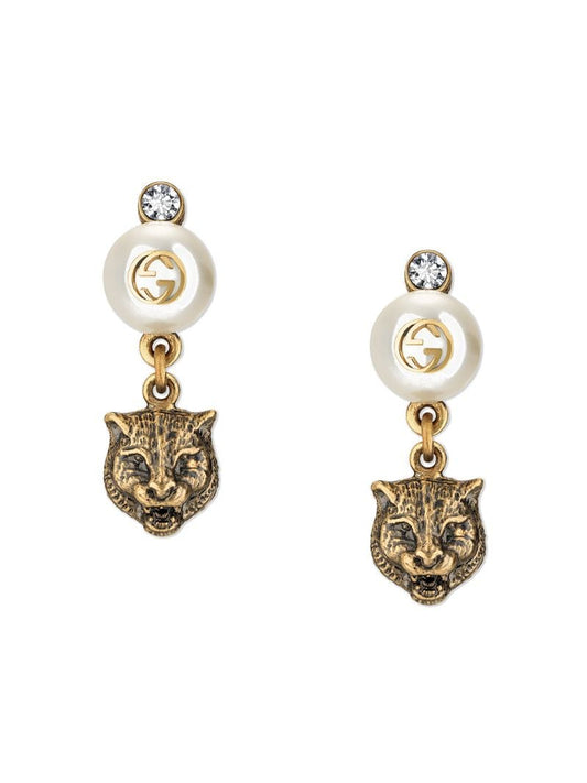 Gucci - Feline earrings with resin pearls - women - Resin/glass/metal/Swarovski Crystal - One Size - Metallic