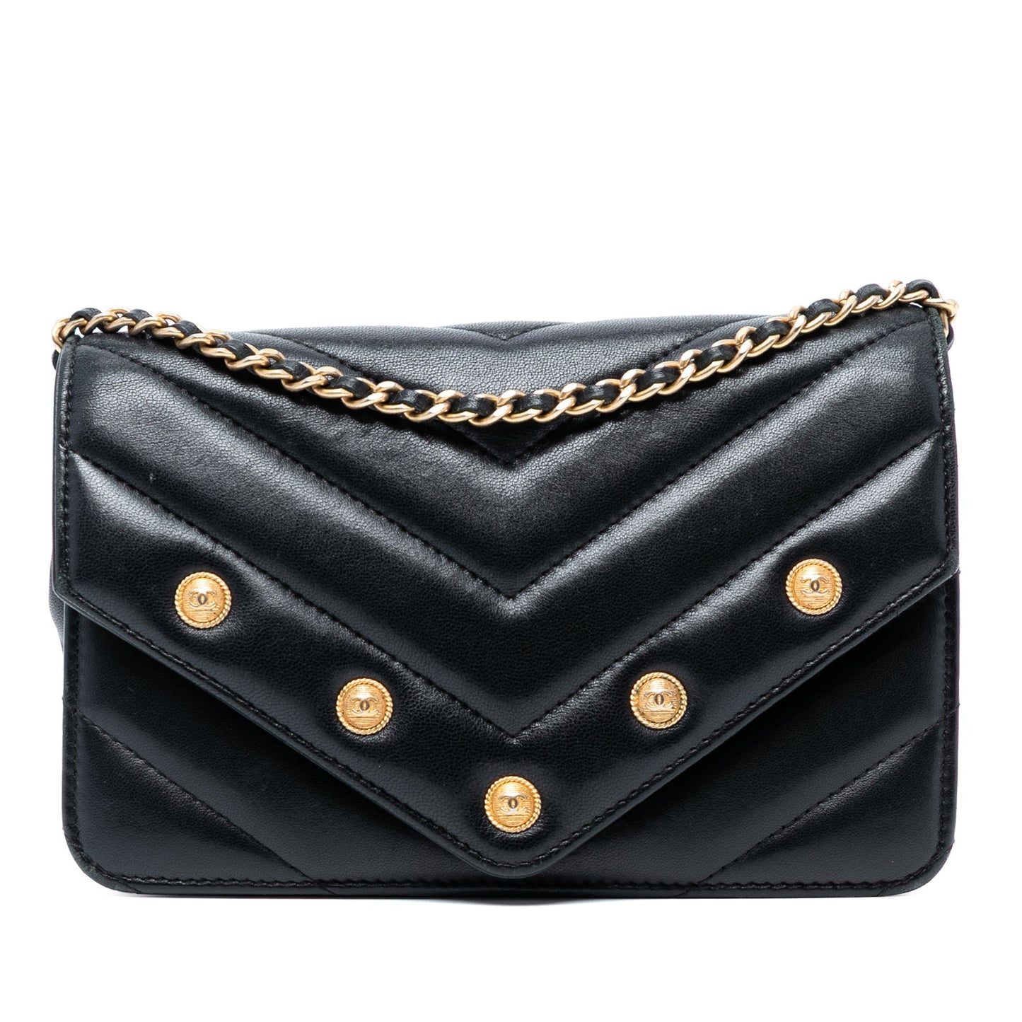 Black Chanel Chevron Lambskin Button Wallet On Chain Crossbody Bag