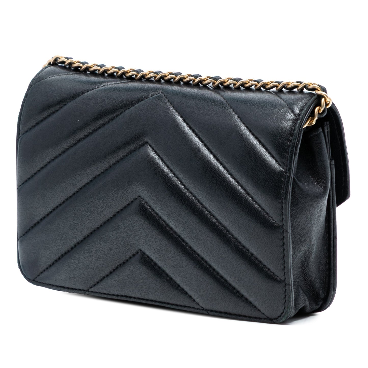 Black Chanel Chevron Lambskin Button Wallet On Chain Crossbody Bag
