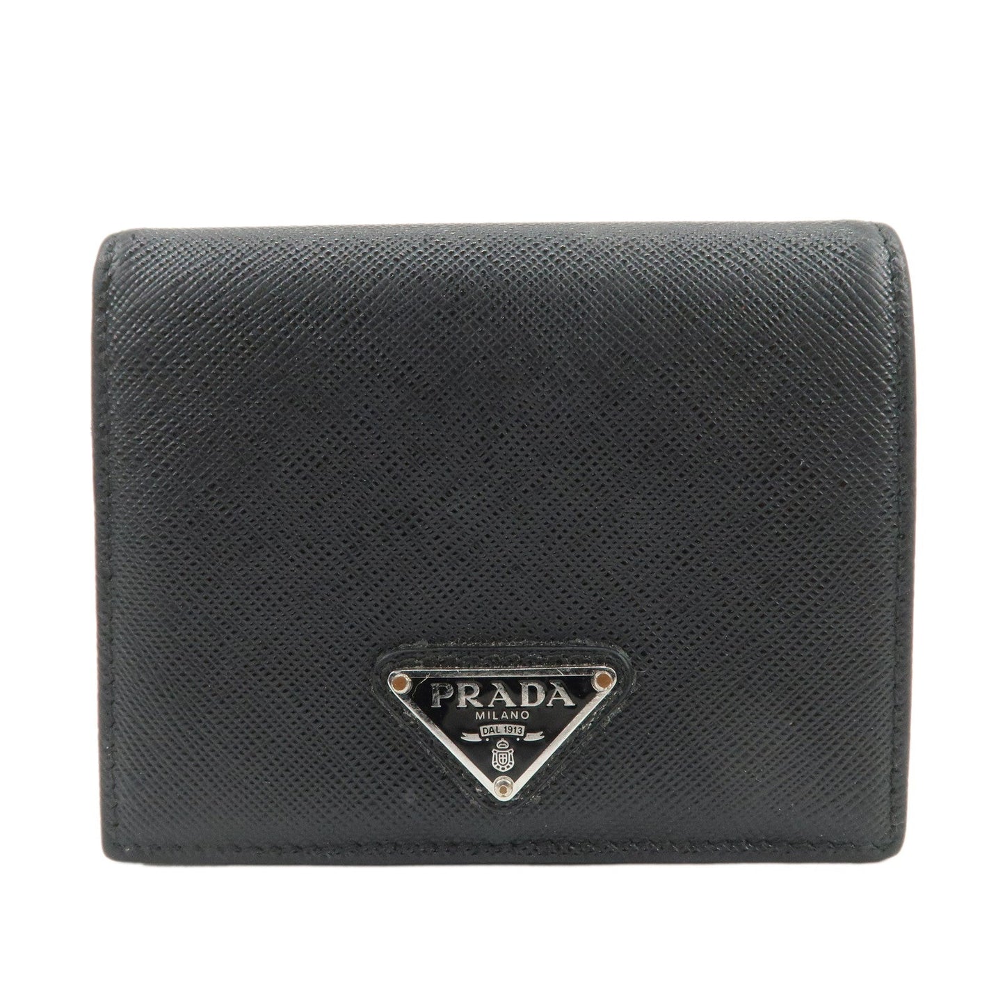 PRADA Triangle Logo Saffiano Leather Bi-Fold Compact Wallet Black