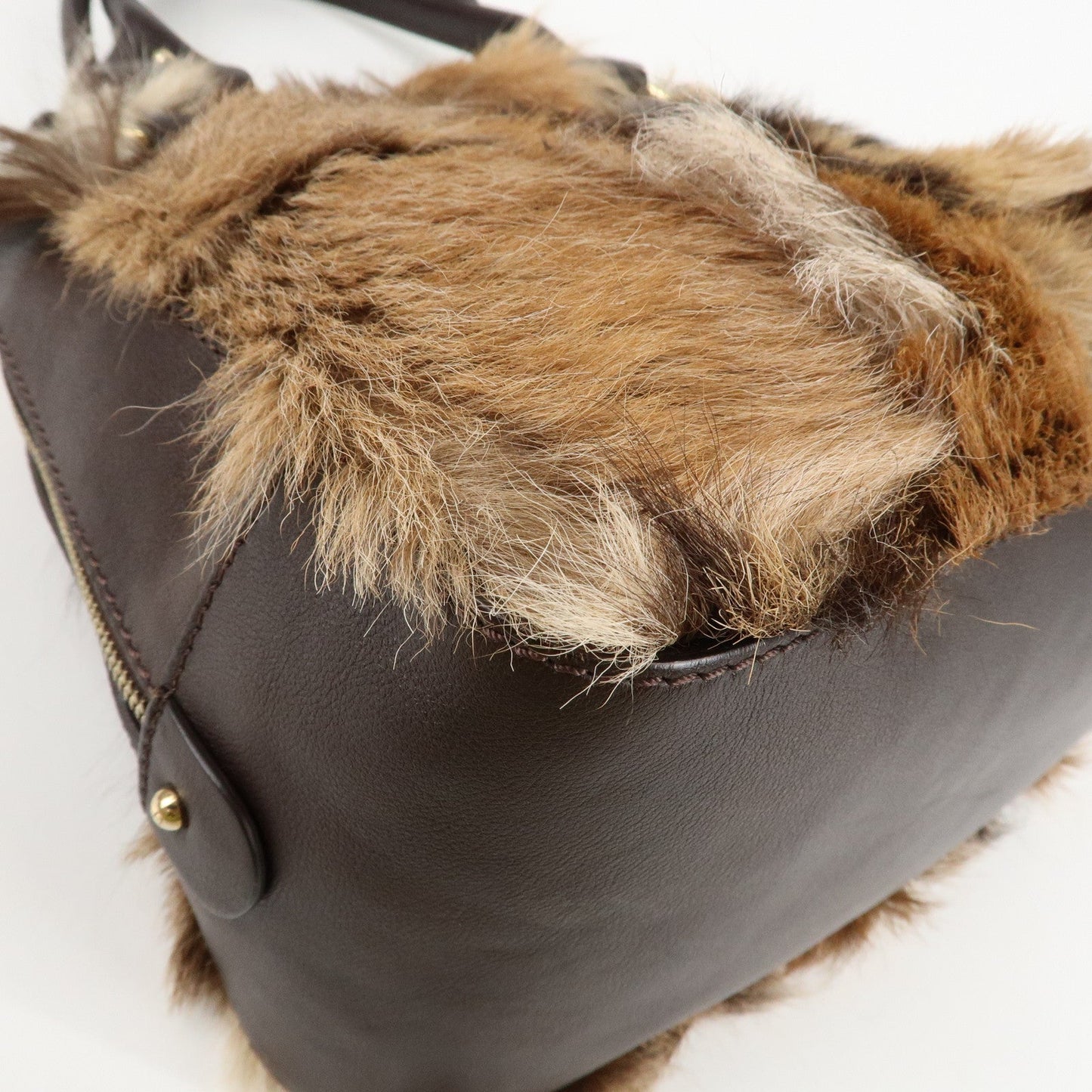 FENDI Fur Leather Tote Bag Hand Bag Shoulder Bag Brown 8BR286  d