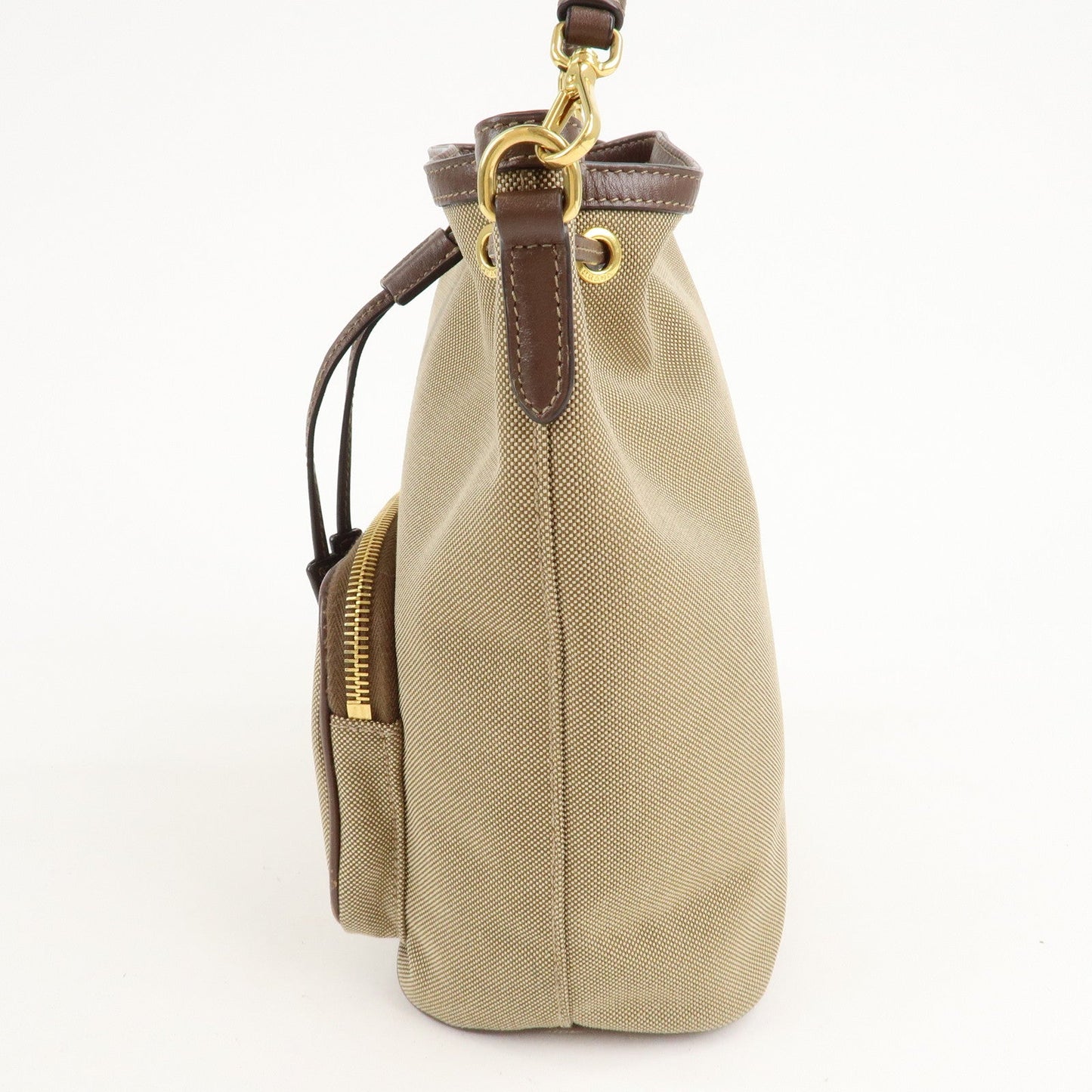 PRADA Logo Jacquard Leather Drawstring Shoulder Bag Beige 1BH038  d