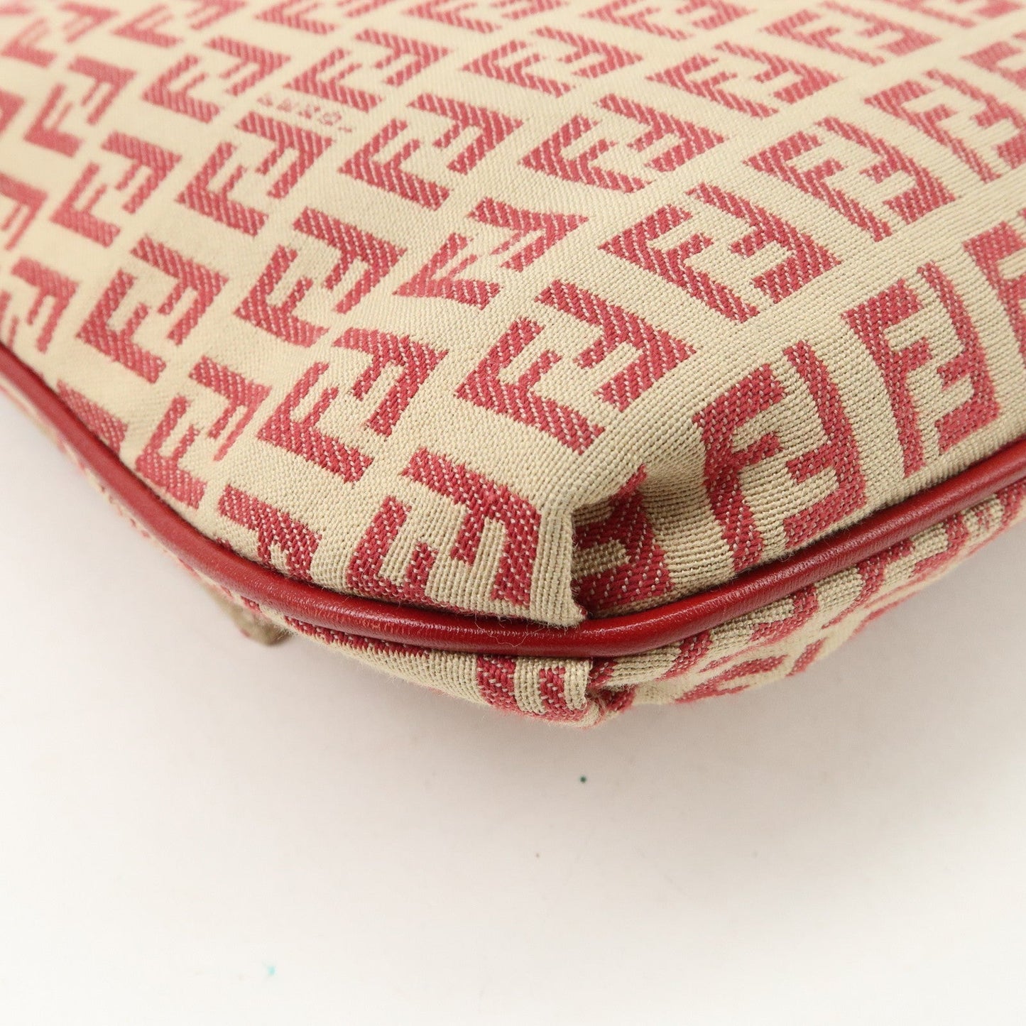 FENDI Zucchino Canvas Leather Shoulder Bag Beige Red 8BT075  d
