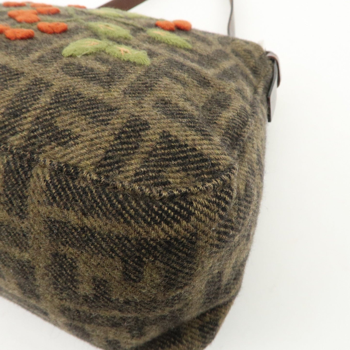 FENDI Mamma Baguette Wool Leather Shoulder Bag Tree Motif Khaki  d