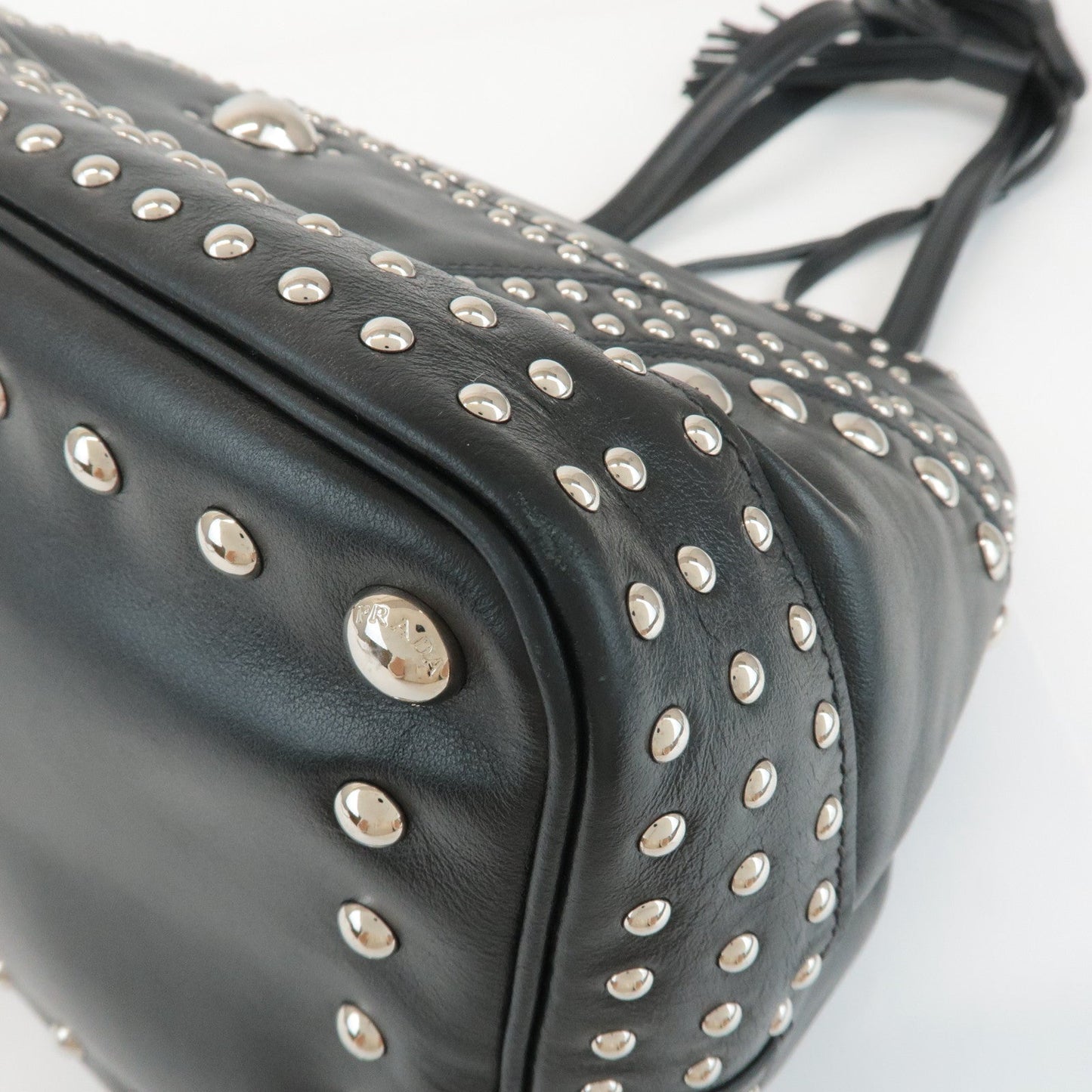 PRADA Calf Leather Drawstring Shoulder Bag Studs Tassel B5061M  d