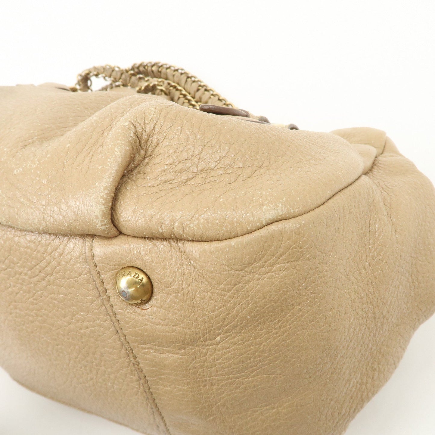 PRADA Leather Chain Shoulder Bag Beige  d