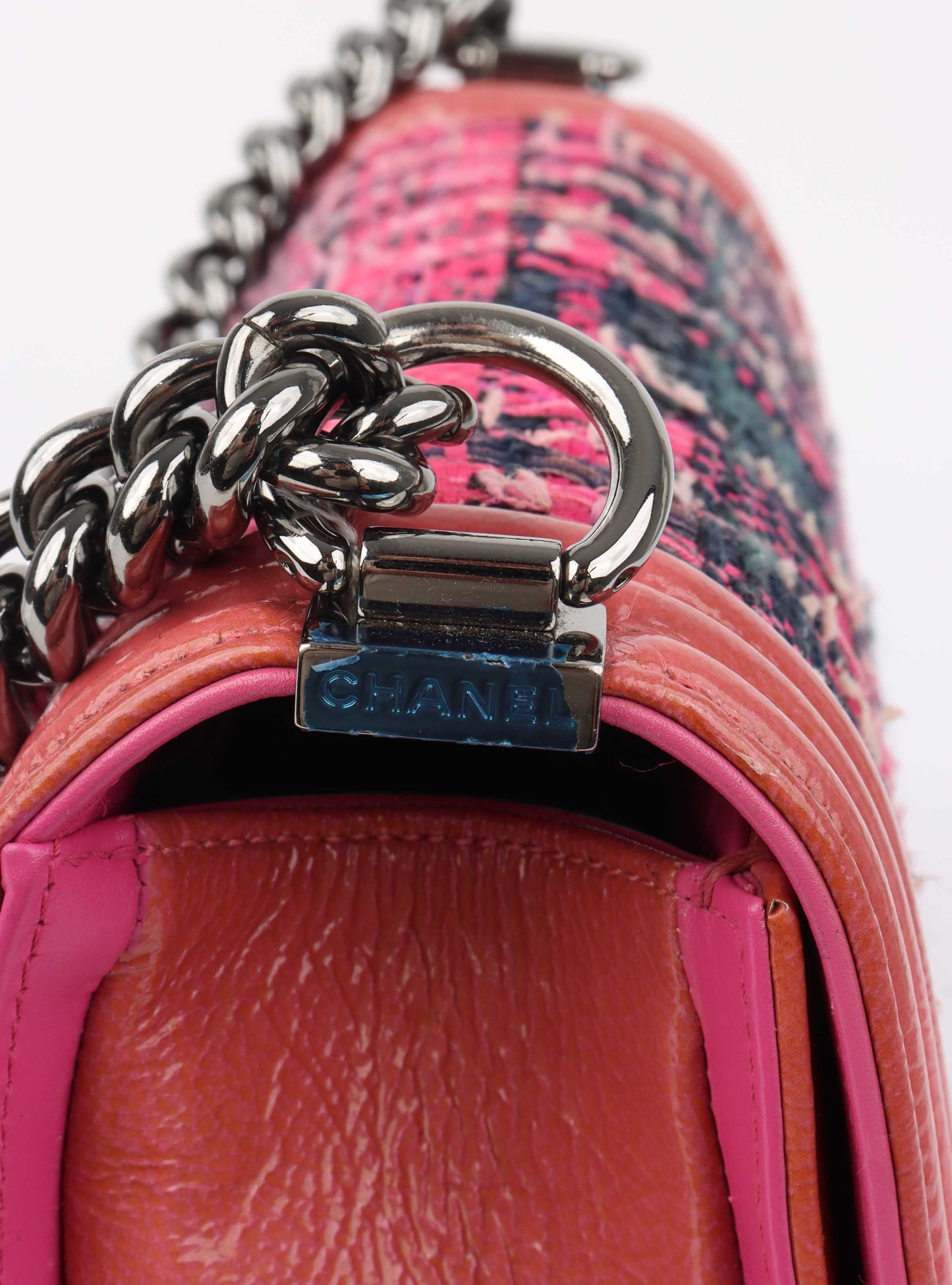 Chanel Medium Pink Tweed Boy Bag.