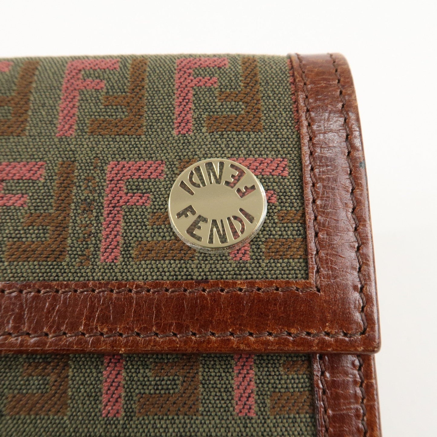 FENDI Zucchino Canvas Leather Tri-fold Wallet Khaki 8M0161  d