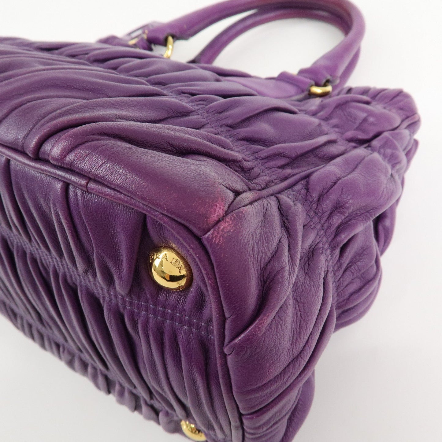 PRADA Leather Gathered Hand Bag Purple Gold Hardware BN2394  d