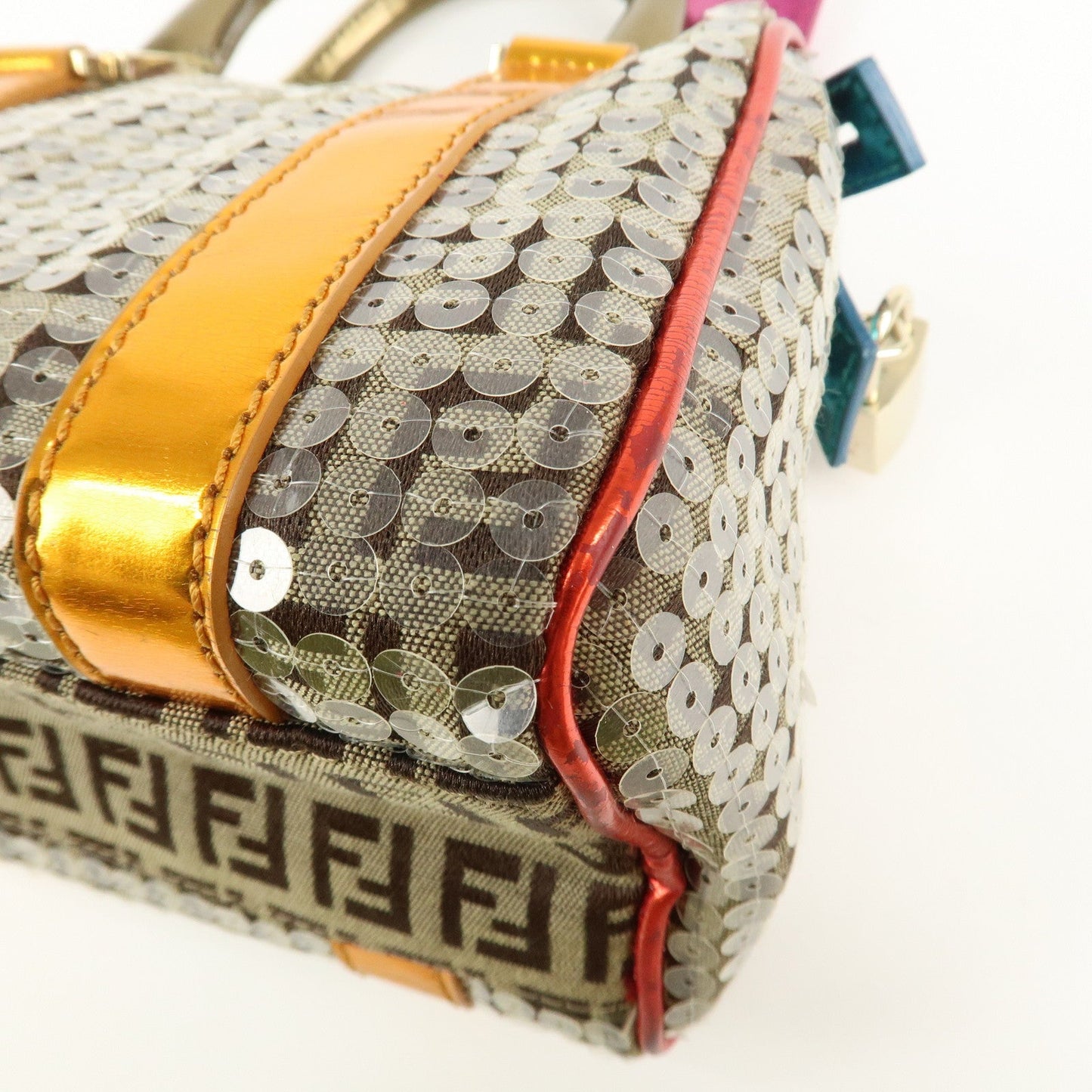 FENDI Zucchino Flip Sequin Canvas Patent Leather Boston Bag 8BL071  d