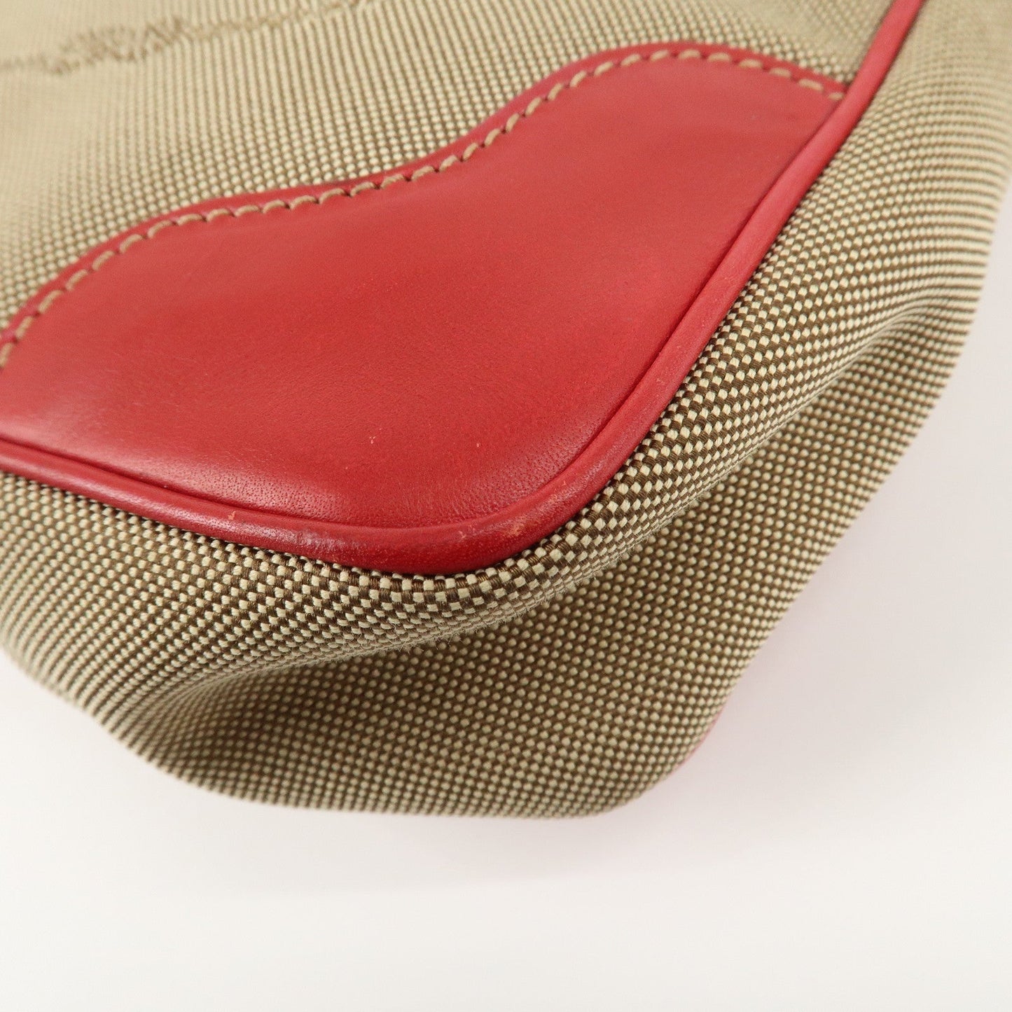 PRADA Logo Jacquard Leather Shoulder Bag Beige Red  d