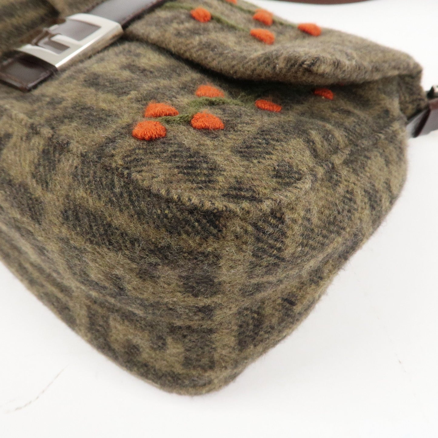 FENDI Mamma Baguette Zucca Wool Leather Shoulder Bag Flower  d