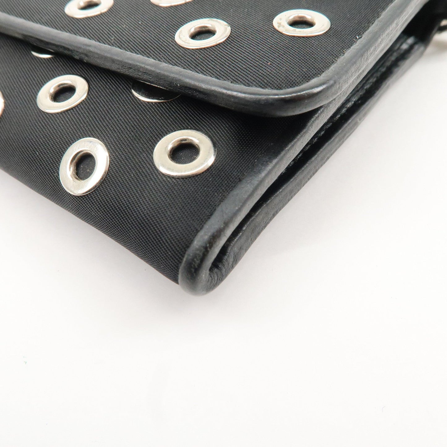 PRADA Grommet Nylon Leather Chain Long Wallet Black Silver HDW  d