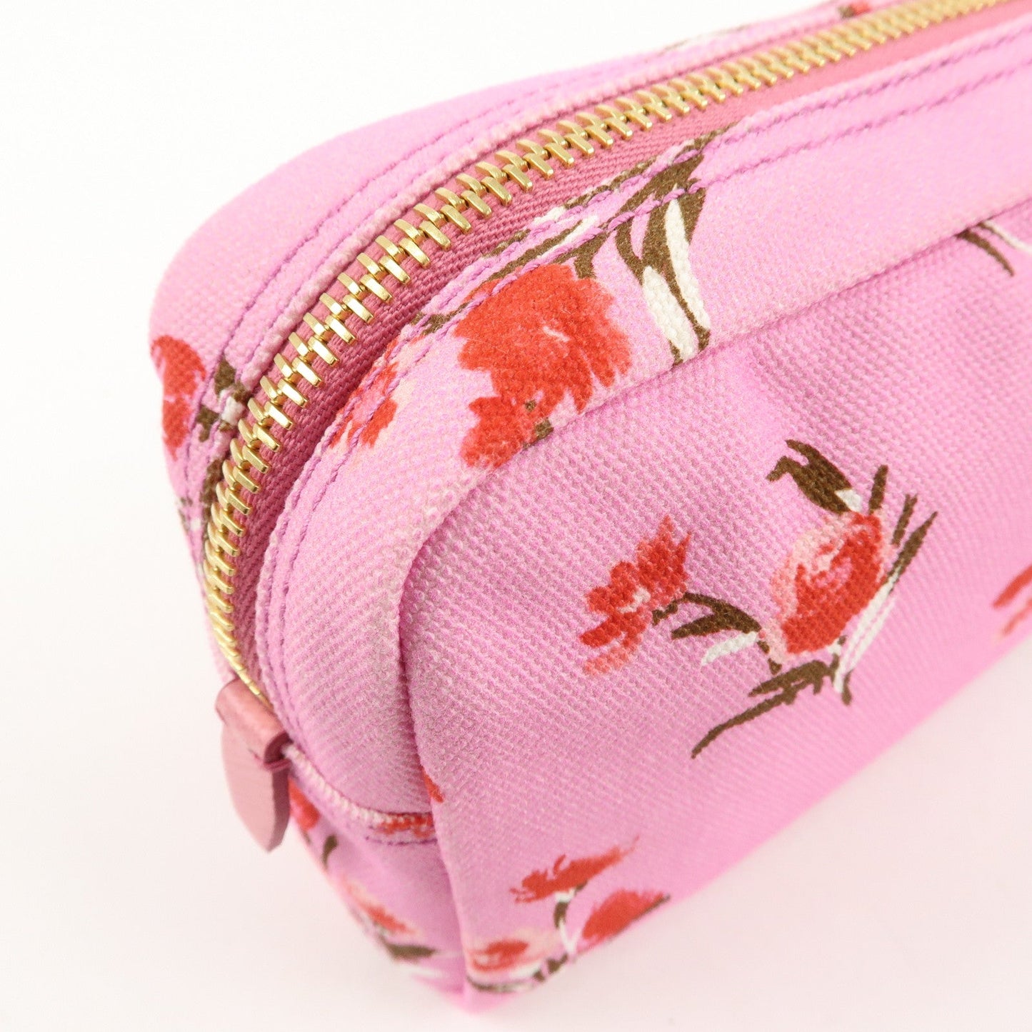 PRADA Canapa Canvas Leather Cosmetic Pouch Flower 1NA021 Pink  d