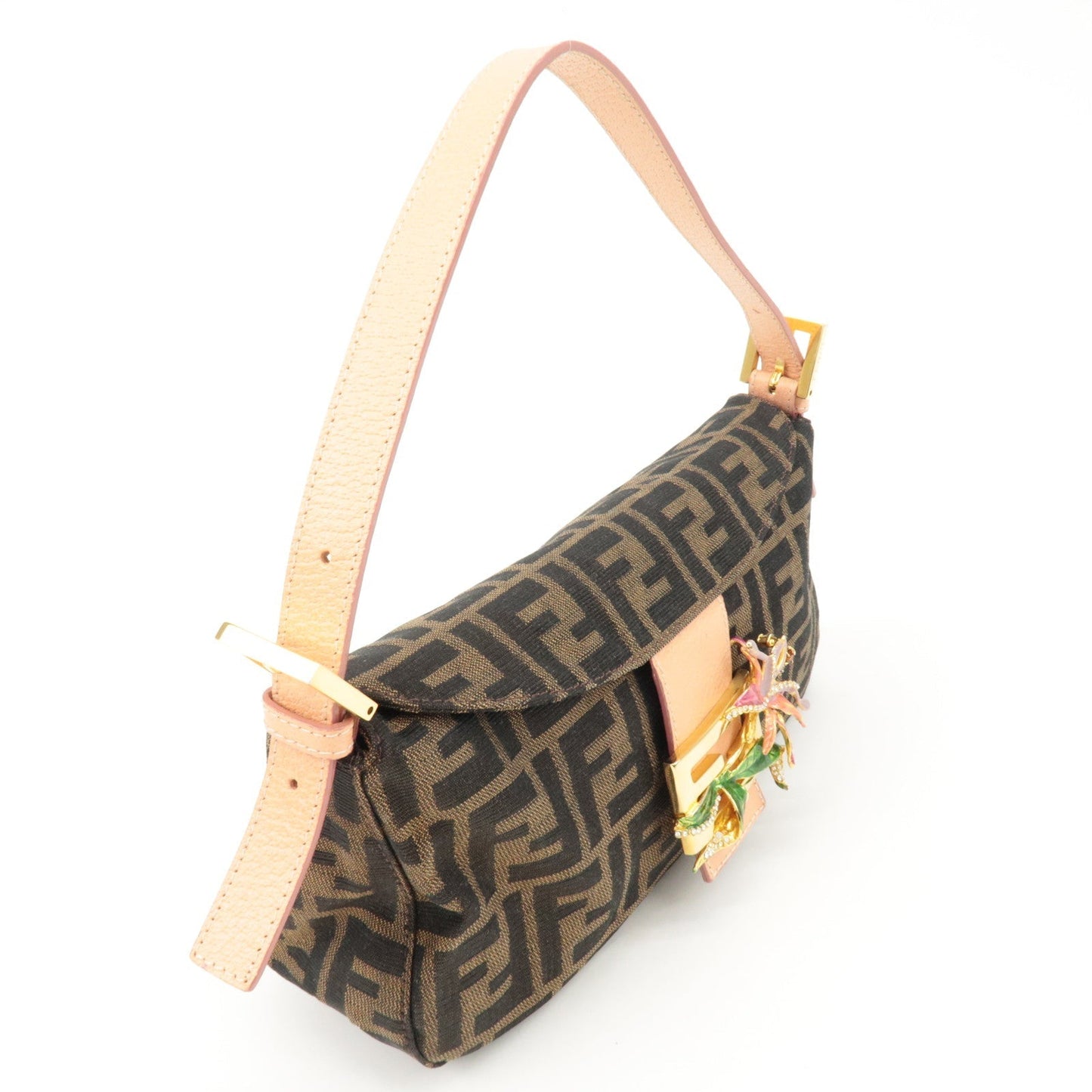 FENDI Zucca Canvas Leather Shoulder Bag Brown Pink Beige 26725  d