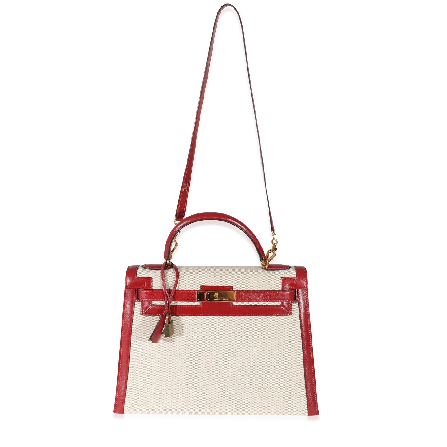 Hermes Kelly 32   Rouge Box Natural Toile Sellier