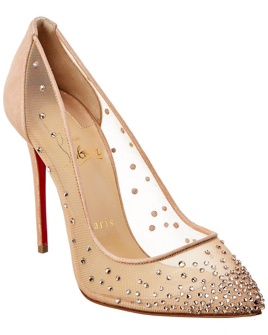 Christian Louboutin Follies Strass 100 Mesh Pump, 36.5, Beige