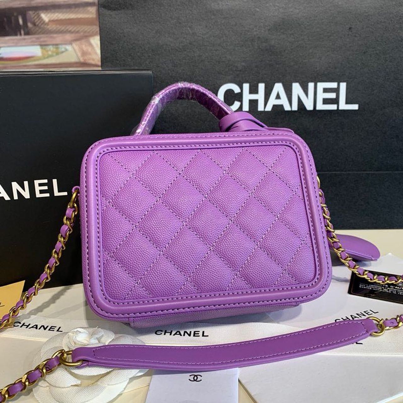 CHL Top QualityTop Qualityligree Vanity Case Bag 18cm Gold Toned Hardware Caviar Leather Spring/Summer Act 1 Collection, Purple