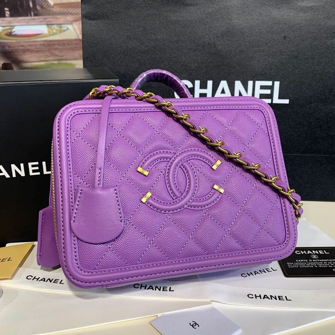 CHL Top QualityTop Qualityligree Vanity Case Bag 20cm Gold Toned Hardware Caviar Leather Spring/Summer Act 1 Collection, Purple