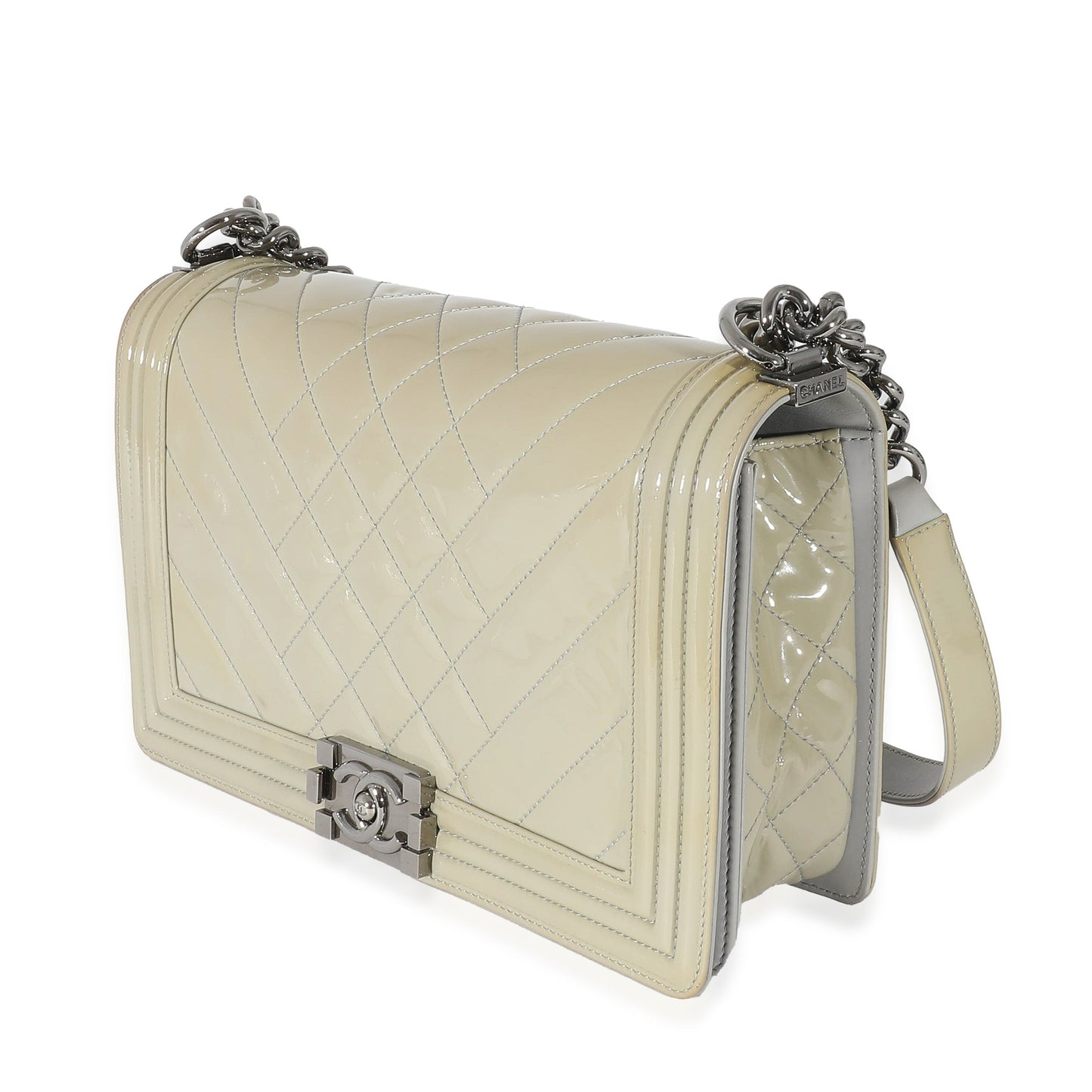 CHANEL 14P Grey Patent Mix Quilted New Medium Boy Bag