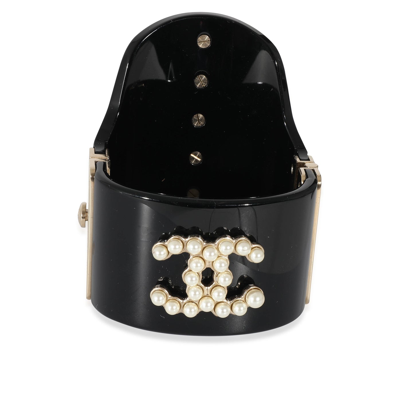 CHANEL 2015 Gold Tone Resin Hinged Bangle Bracelet With Faux Pearls